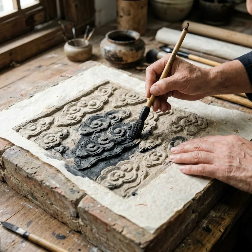 Handmade fibre paper over a brick relief, ready to be pressed