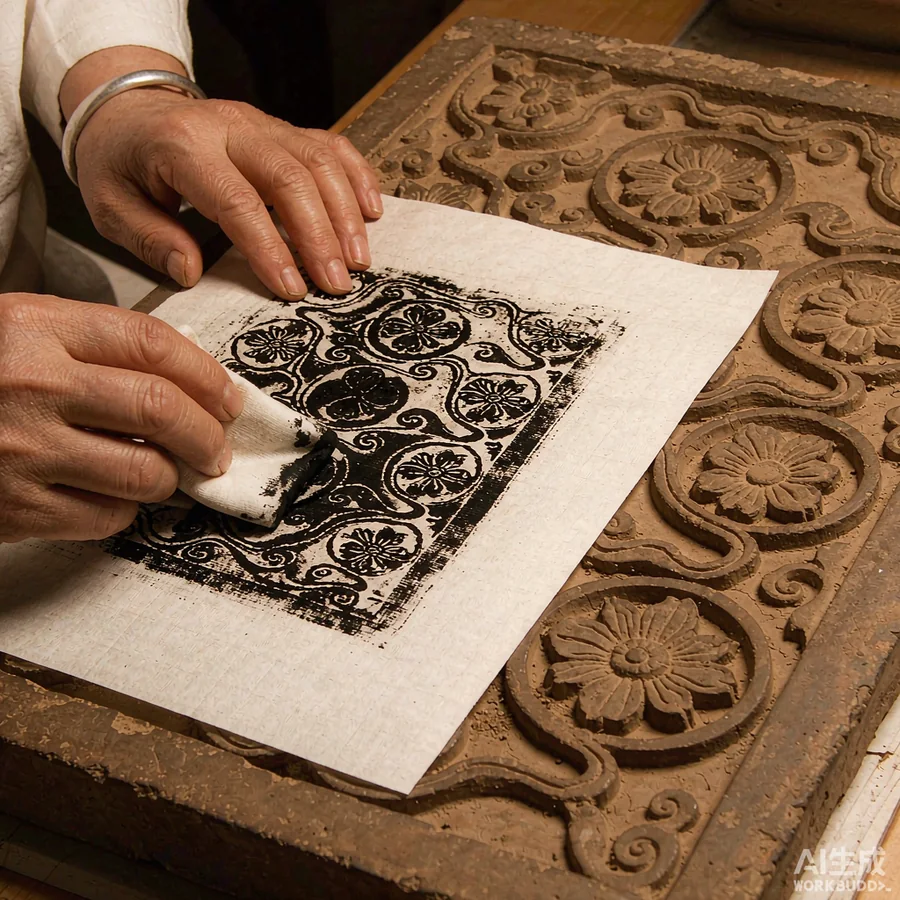Mineral ink being tamped onto the paper by hand